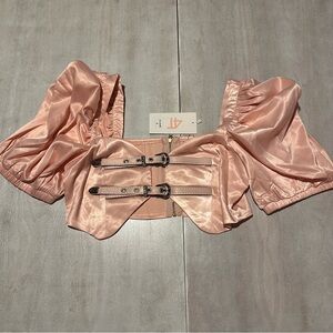 Fourttunata Pink Satin feel Puff Sleeve Crop Top